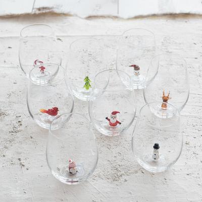 Storied Home Stemless Wine Glass with Holiday Figure, Set of 8
