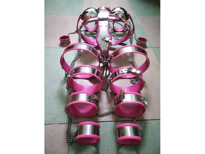 HSDwerwh Weibliche Edelstahl 9 Stück Sets Keuschheitsgürtel Gerät Kragen BH Arm Handgelenk Manschetten Oberschenkel Knie Schaft Knöchel Ring Bondage Keuschheitsgürtel Sex Spielzeug(Waist 70~76cm)