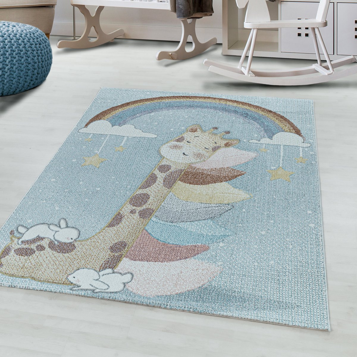 Flycarpets Vloerkleed Exotic Giraffe Blauw voor Kinderkamers
