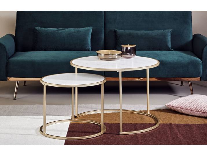 Couchtisch JAHNKE, weiß (gold, marmor weiß, gold, look, marmor, optik), B:73,4cm H:50cm T:73,4cm, Tische, Couchtisch, bestehend aus zwei Tischen, welche auch einzeln gestellt werden können