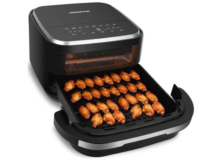 Aigostar 2200 W Heißluftfritteuse mit Sichtfenster, XL 745cm² Doppelheizung Airfryer Pizza-Ofen Funktion (TK-Pizza)Extra-Crisp Technologie, Metall-Innenraum, 11 Programme, Leise & Energiesparend