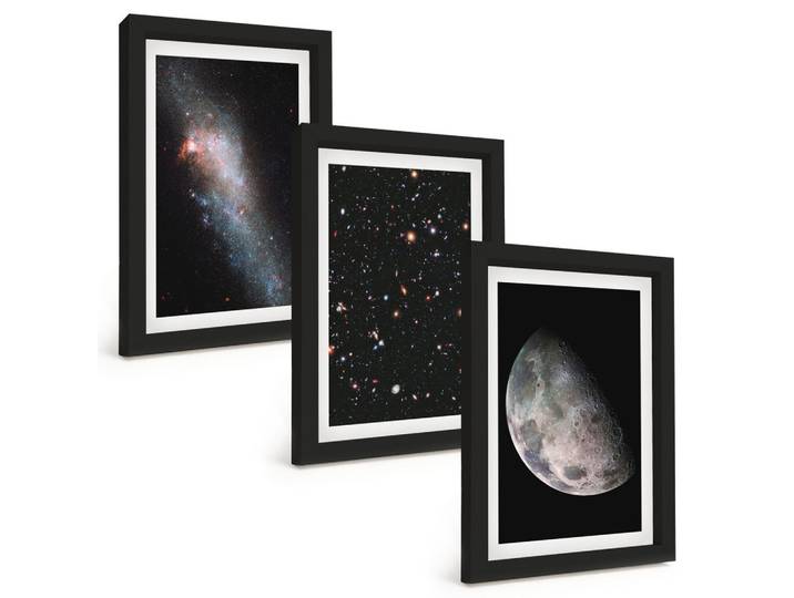 BILDER SET 3er Set - 20x30 cm Schwarzer Rahmen - Weltraum Galaxien Sterne Mond