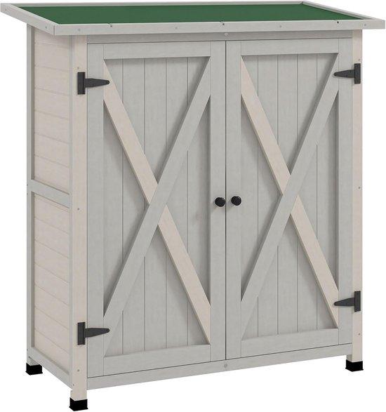 Famanu Witterungsbeständiger Garten-Schrank mit 2 Türen - Kompakte Holzgartenhütte für Garten und Terrasse - 110 x 55 x 117 cm - Hellgrau