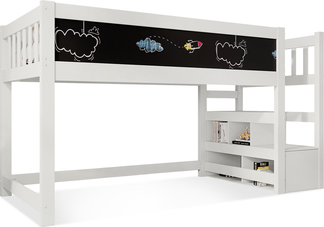 Kinderbett(Weiß)Hochbett mit Whiteboard,Tafel,Speicherung und Rausfallschutz,Hausbett für Kinder-Lattenrost