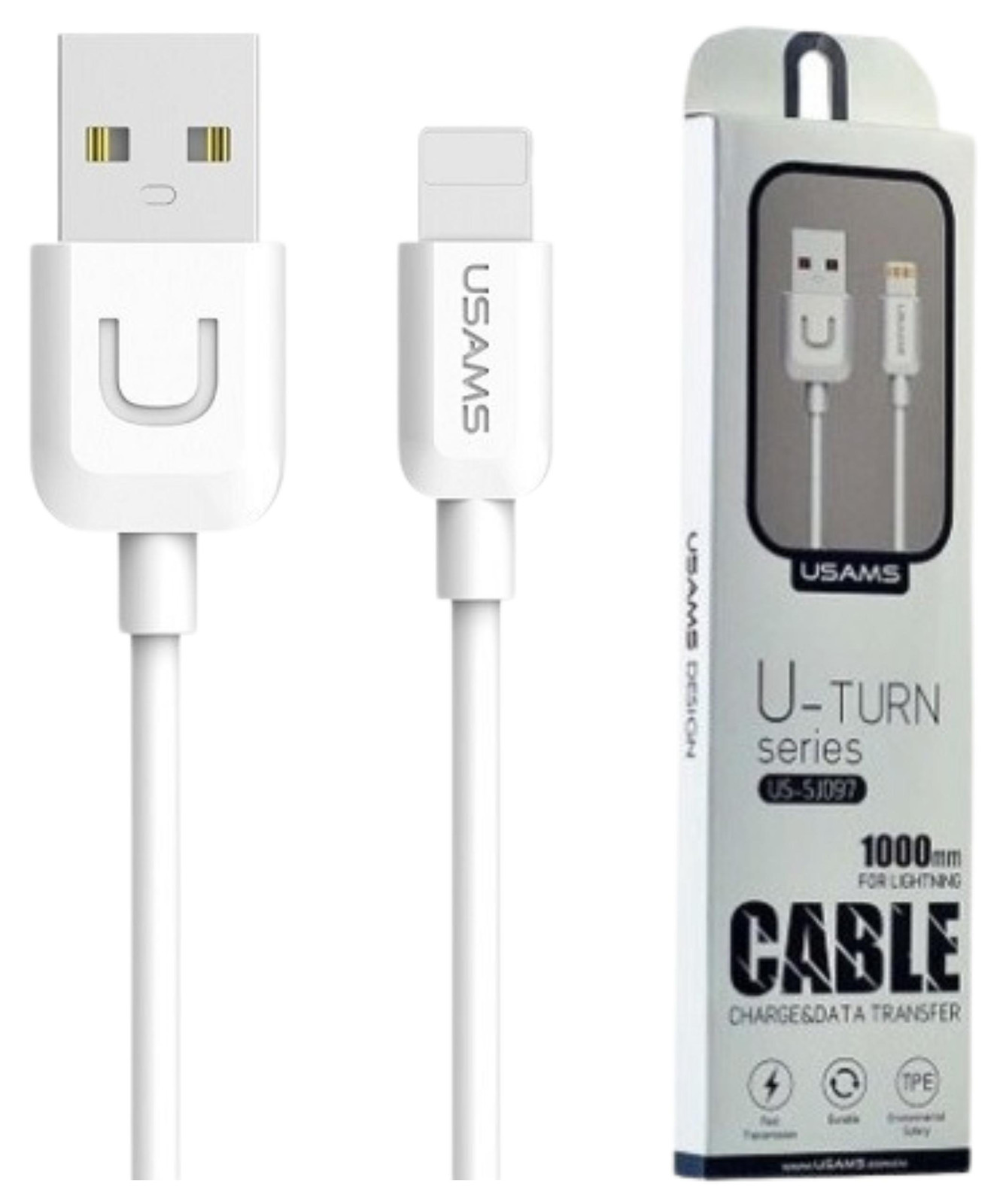 Usams U-Turn Lightning kabel, 1 meter, wit, 2A, USB-connector (Us-Sj097)