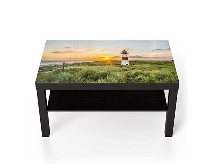 DEQORI Glastisch schwarz groß 90x50 cm Motiv Leuchtturmliebe ausgefallener Beistelltisch aus Glas Hochglanz Couchtisch fürs Wohnzimmer moderner Couch Tisch mit Design