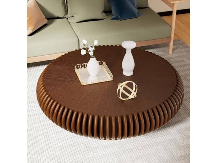 SOUWOFS 80CM Runder Couchtisch, Walnuss Moderner Beistelltisch, Handgefertigt, Trommel-Couchtisch mit Massivholzrelief, Holzgeriffelter Mitteltisch, Für Wohnzimmer