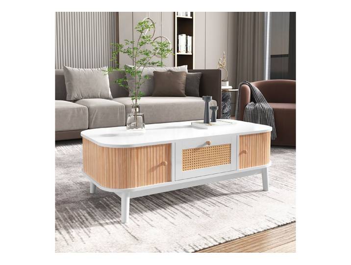 Celya Couchtisch Couchtisch Kaffeetisch, Schubladen mit Rattan und Schiebetüren 110cm