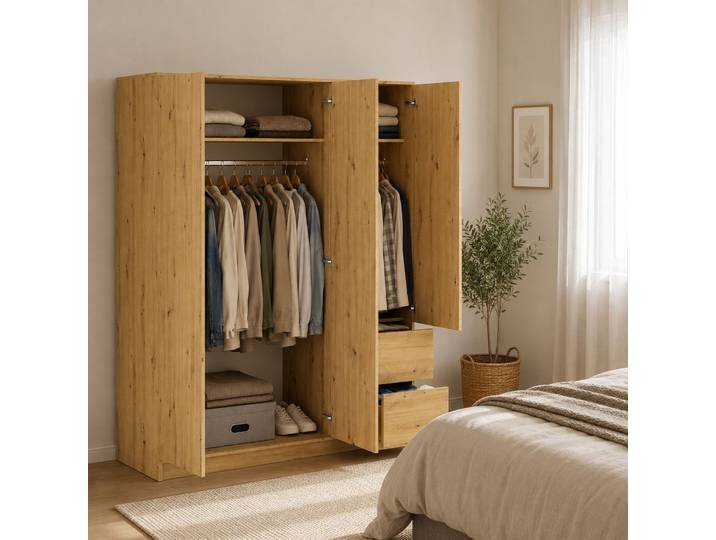Armoire 3 Portes Leseto\, Garde-robe Chambre\, Portemanteau\, 2 Tiroirs\, 2 Étagères\, 147x57 Cm Chêne Brun