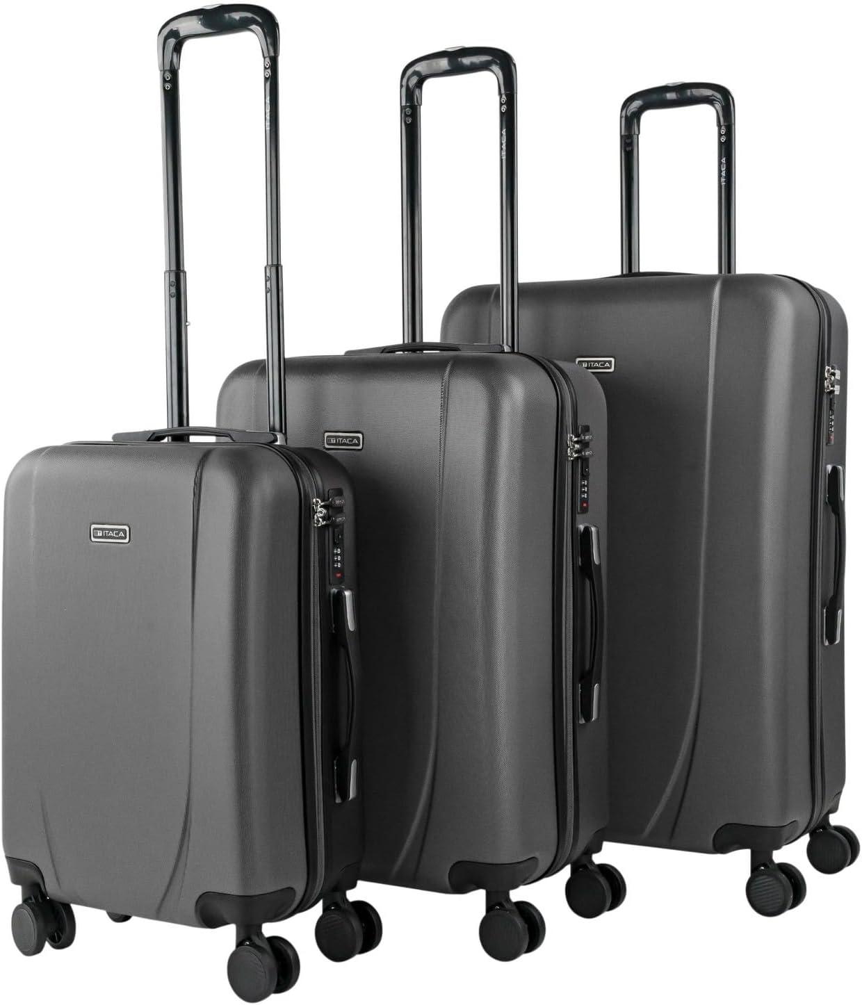 Hartschalen-Koffer-Set aus ABS-Material mit 4 Rollen, bestehend aus 3 Koffern in den Größen S, M und L, in Anthrazitfarbe