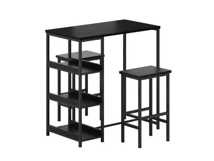 Ensemble table de bar - Table avec étagères de rangement - Ensemble 3 pièces (table + 2 tabourets) - H 91 .5cm - Noir