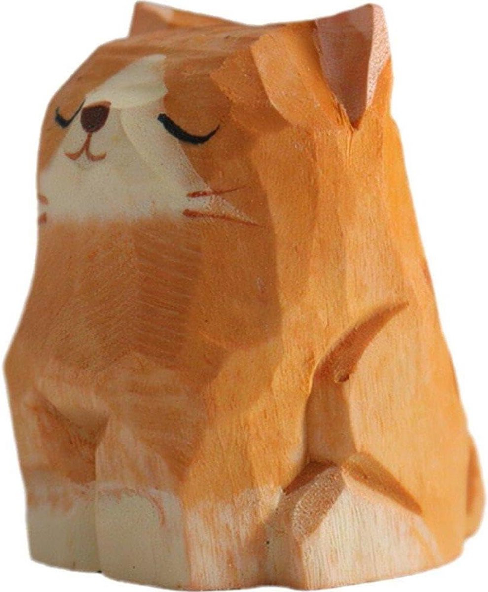 Houten Kat Beeldje Bruin - Handgesneden Miniatuur Sculptuur voor Tafeldecoratie - Hoogte: 3,5 cm