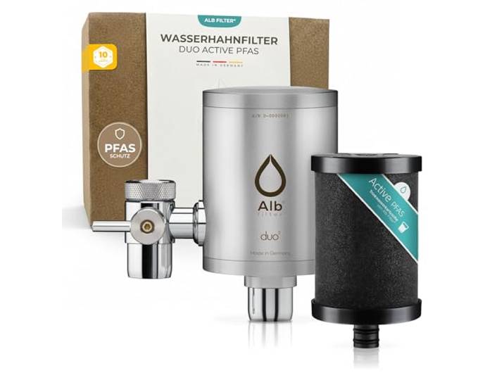 Alb Filter DUO ACTIVE PFAS Wasserfilter Wasserhahn Edelstahl Matt PFAS- & Schadstoffreduktion, Aktivkohle Trinkwasserfilter Küche, schnelle Montage am Hahn, Made in Germany