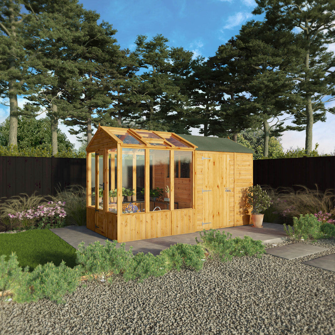 Mercia Garden Products Mercia 10x6 Premium Woodsman Wooden Apex Styrene Greenhouse Combi Shed 10 x 6 Clear;Beige;Brown 229cm H x 191cm W x 370cm D