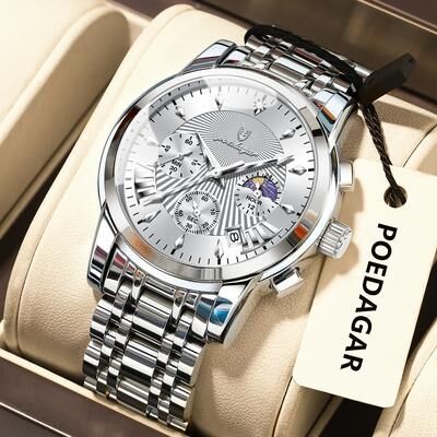 Youfap Market Men's Quartz Watches, Stainless Steel Chronograph, Original Military Waterproof Luminous Date Watch silver White