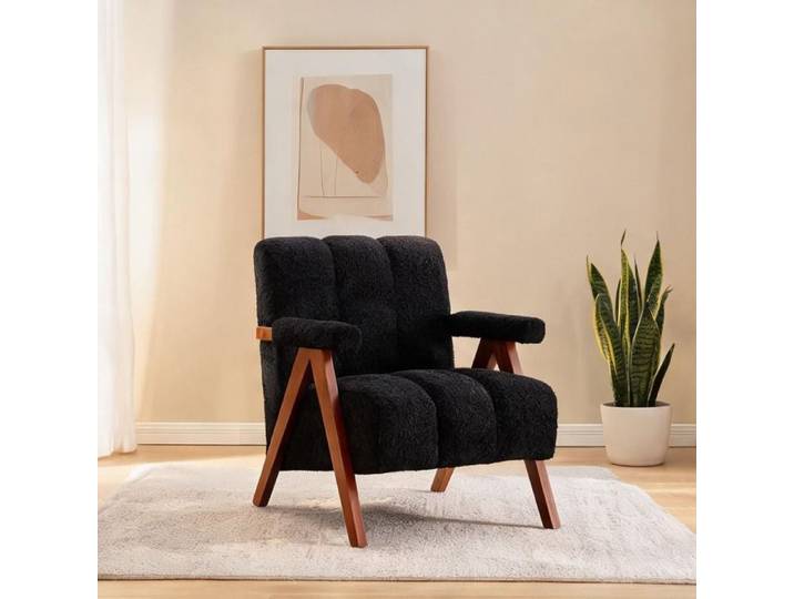 Fauteuil d'appoint en bois massif et tissu bouclé noir style moderne 77 cm