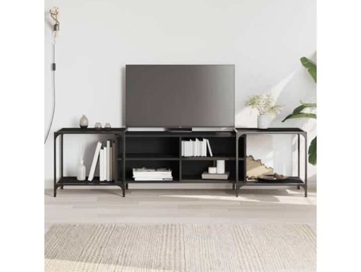HEFZGDB TV-Schrank Schwarz 203x37x50 cm Holzwerkstoff mit Metallrahmen, verstellbare Breite und Beine, viel Stauraum Ablagen, langlebiges Material für Wohnzimmer Einrichtung