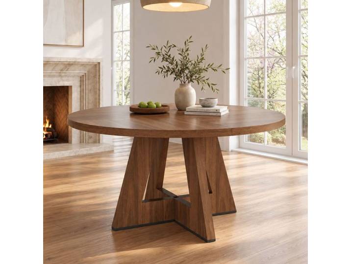 Table à Manger Ronde Ø120 cm pour 4 à 6 Personnes Pied Central Croisé Style Scandinave Table Ronde MDF Noyer