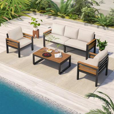 PRO_SELLERS 4-Piece Outdoor Furniture Set Acacia Wood with Cushioned Seating Beig
