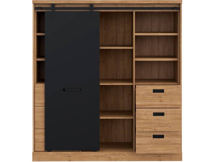 Highboard FORTE Kaszimiro , schwarz (waterford eiche, schwarz), B:148,4cm H:160,2cm T:52cm, Holzwerkstoff, Sideboards, Highboard