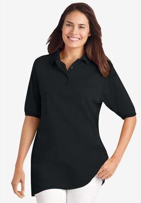 Plus Size Women's Elbow-Sleeve Polo Tunic by Woman Within in Black (Size 2X) Polo Shirt