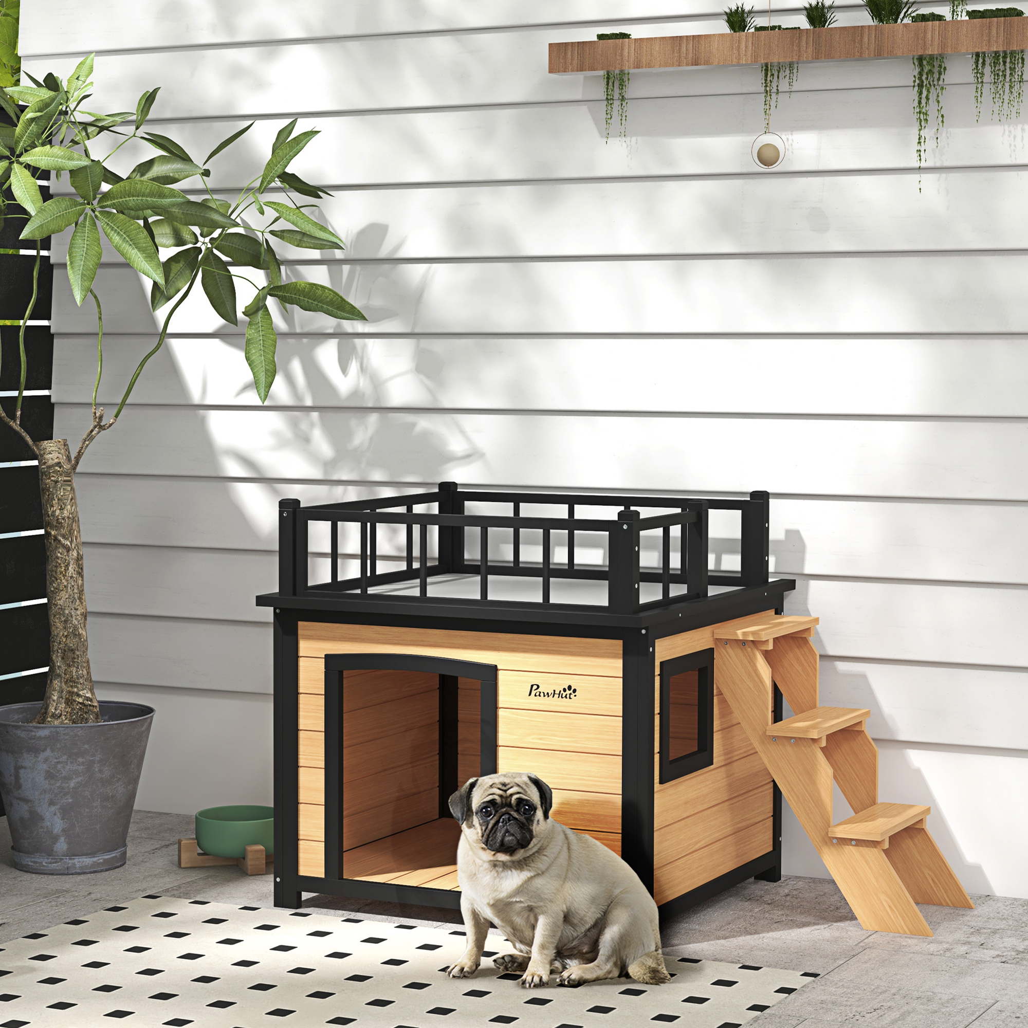 Pawhut Cuccia per Cani con Terrazza sul Tetto, Resistente alle Intemperie, Legno, 121x77x78cm, Nero/Giallo