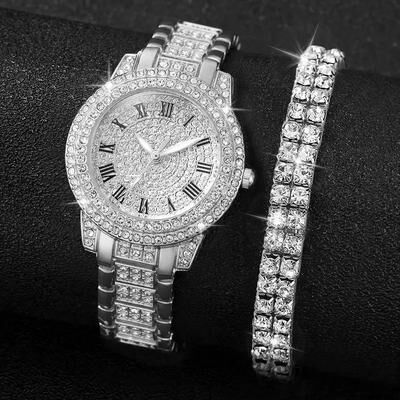 Youfap Market Roman Quartz Watch With Double Row Diamond Bracelet Gift Set, Luxury Fashion Alloy Full Diamond silver