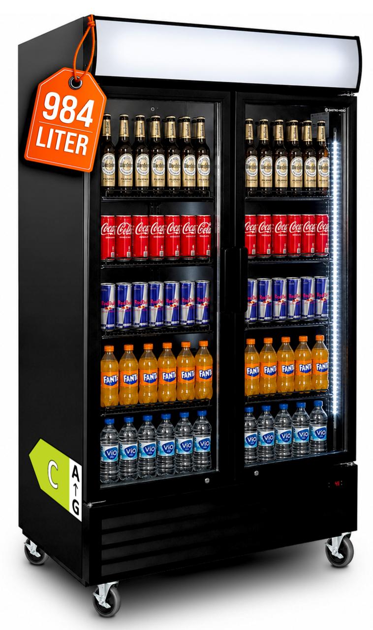 GastroHero Getränkekühlschrank ECO 1000 mit Klapptüren, schwarz, LED-Innenbeleuchtung, Leuchtaufsatz, abschließbar & energieeffizient