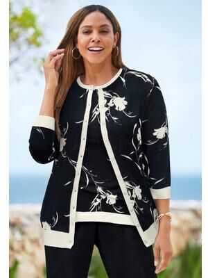 Plus Size Women's Fine Gauge Button-Front Cardigan by Jessica London in Ivory Bold Rose (Size 18/20) Sweater