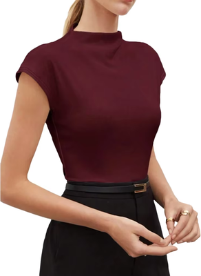 Uplifted Trends Minimalist High Neck Cap Sleeve Knit Fitted Blouse Women Elegant Lightweight Summer Top burgundy s