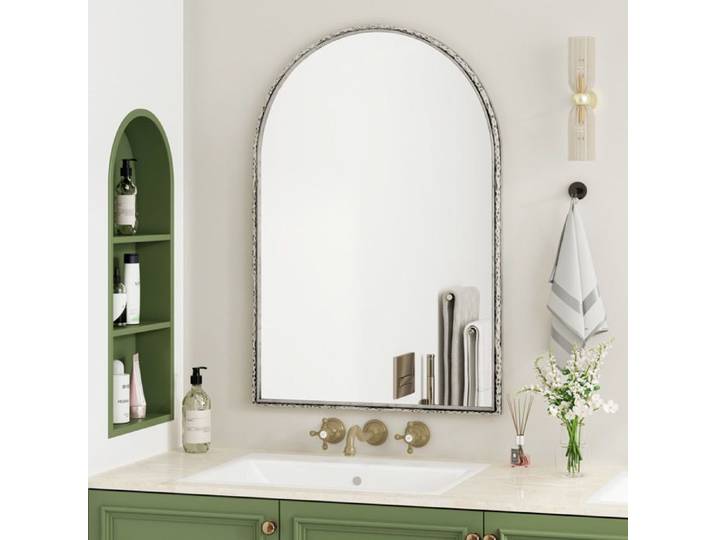 Miroir simple Arqué Mural avec Cadre Métal Verre Trempé pour salle de bain Gris 91 × 61 cm