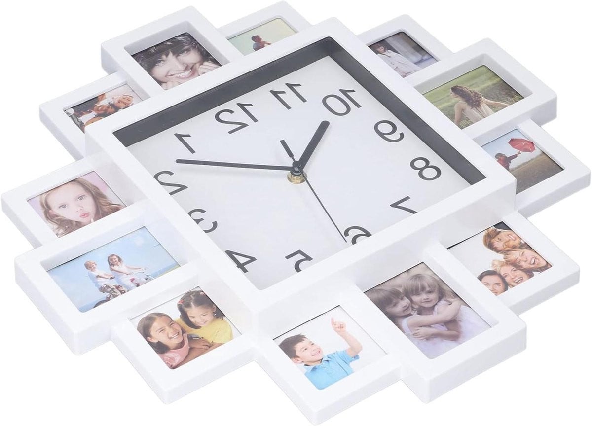 Gepersonaliseerde wandklok met fotolijst voor meerdere foto's, Wit, Diameter: 39 cm