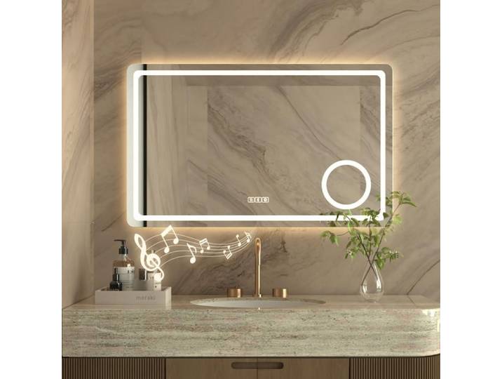 Miroir de Salle de Bain LED avec Lumières Bluetooth 80x60cm Loupe 3X Mémoire Tactile IP44 3 Mode de Lumières Dimmable Miroir Argenté