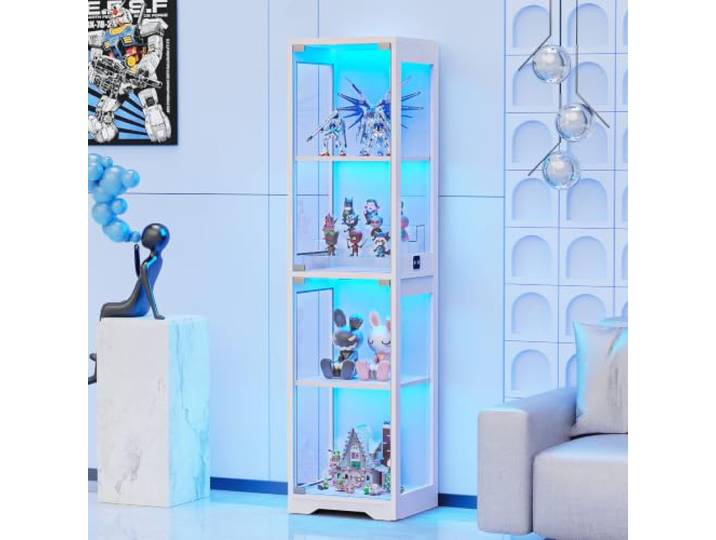 BROTTAR Glasvitrine mit Dreifarbig LED Beleuchtung und Glastüren, Glasvitrine Stehend mit Körpersensor-System, Sammlervitrine für Wohnzimmer, Büro, Bücher, Spielzimmer, Weiß (40 x 35 x 160cm)