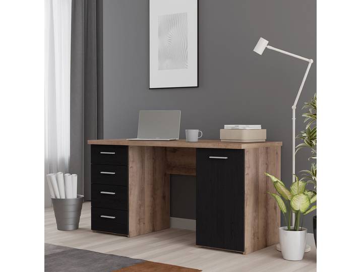 Schreibtisch - Breite 145 cm 145 x 76 x 60cm Schwarz/Braun/Schlammeiche Dekor/Schwarzeiche Dekor