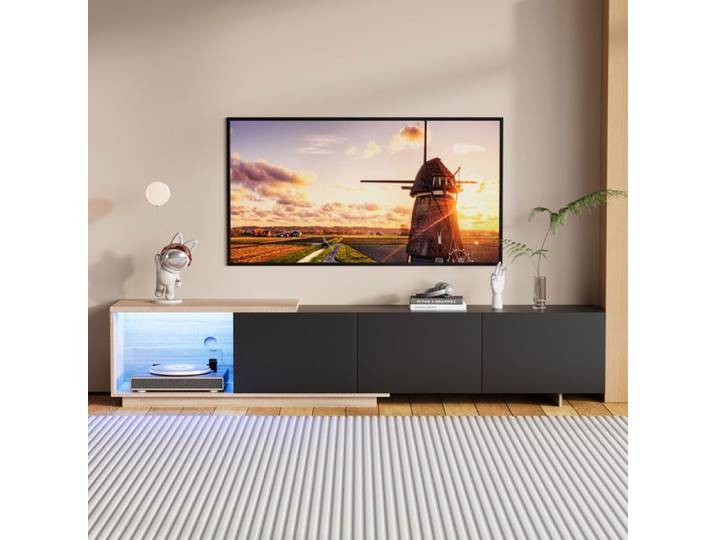 Meuble TV noir extensible - 240x38x44 cm - Trois tiroirs + éclairage LED - Design moderne