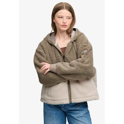 Kapuzensweatjacke SUPERDRY "SUPER SOFT ZIPHOOD", Damen, Gr. M, braun (vintage khaki, sanftes weiß), Sweatware, Obermaterial: 100% Polyester, oversize normal, Rundhals, Rippbündchen, Sweatjacken, Kunstfaser, oversize