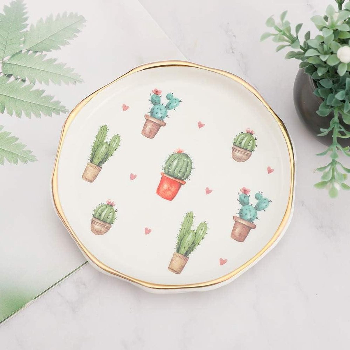 Keramische Schaal met Cactus Design en Goudrand - Diameter: 119,38 cm