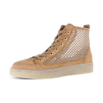 Plateausneaker GABOR, Damen, Gr. 42, Textil, braun (hellbraun), Textil, Ziegenveloursleder, Schuhe Plateausneaker, Schnürschuh, Freizeitschuh, High-Top-Sneaker mit modischer Stickerei