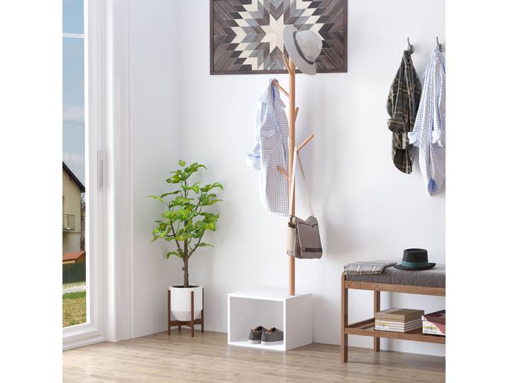 HOMCOM Porte-Manteaux MDF Blanc/Bambou 40x30x180cm