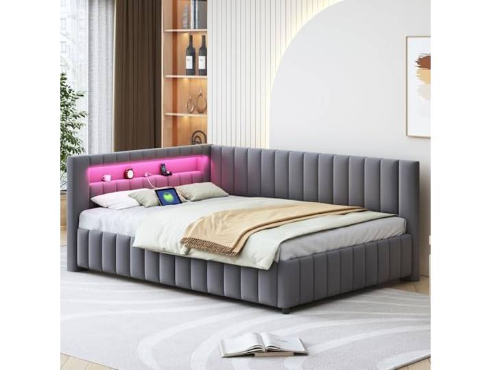 Ball & Cast Sofabett (140x200cm) mit Lichtleiste und USB-Ladeanschluss, Tagesbett mit Gepolstertes aus Samtstoff, Einfach & Zeitsparend Montierbar, Dunkelgrau