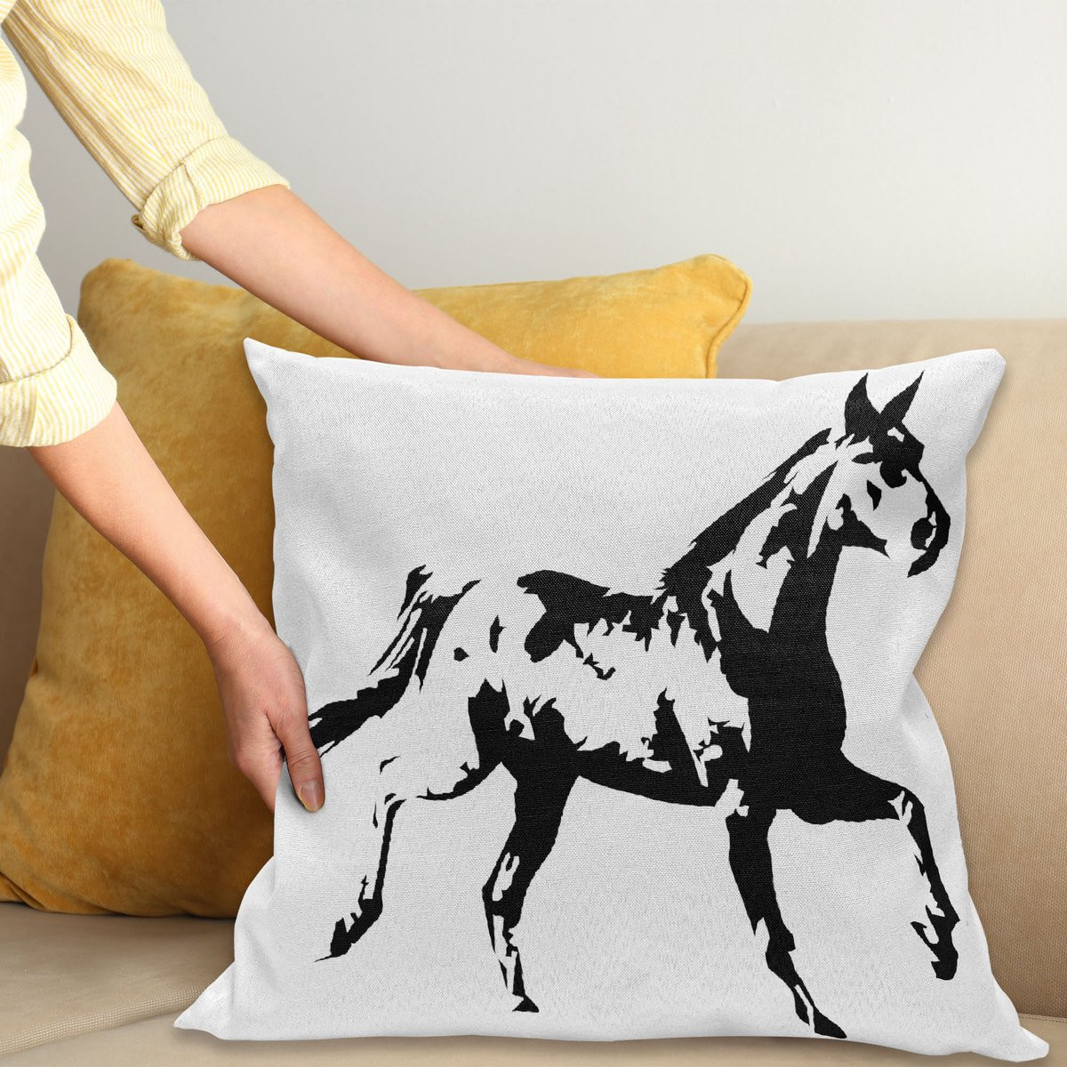 ABAKUHAUS Dier Kussenhoes Running Horse Silhouet, Zwart en Wit, 40 x 40 cm
