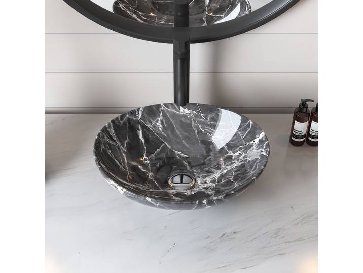 Lavabo de comptoir DeerValley, lavabo ovale effet marbre noir et blanc 40 x 33 cm, lavabo surélevé, lavabo de salle de bain moderne, lavabo de table, lavabo pour salle d'eau, salle de bain privée et