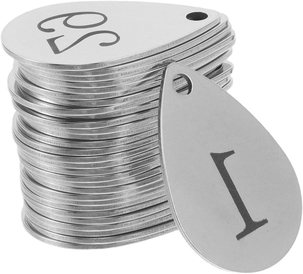 Genummerde metalen ID-tags sleutellabels in zilver, druppelvorm, 3 cm