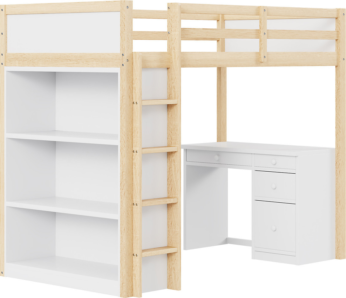 Hochbett,Kinderbett,Einzelbett(Natur)mit Aufbewahrungsschränken und Computertisch,multifunktionales Hochbett aus Holz