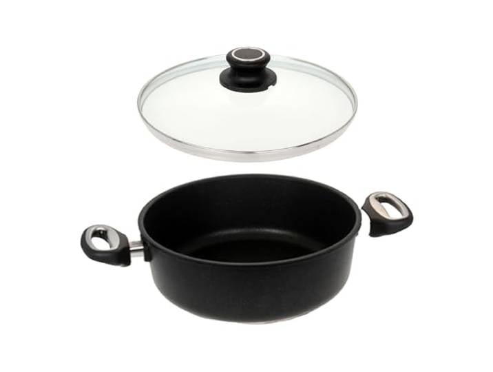 Lotus Gusspfanne - Bratenkasserolle Ø 28cm Induktion geeignet mit Glasdeckel aus Sicherheitsglas, Bodenmaß 22cm, Höhe 8,8cm, Deckelmaß 28cm