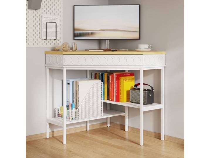 Bureau d'Angle Sculpté avec Tiroir Pivotant et étagères Bureau Informatique avec Aspect du Bois et Pied en Métal 80x80x82 Blanc