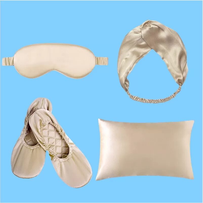 INF Ensemble de Voyage/Maison 4 Pièces en Soie de Mûrier 19 Momme pour un Sommeil Profond Or
