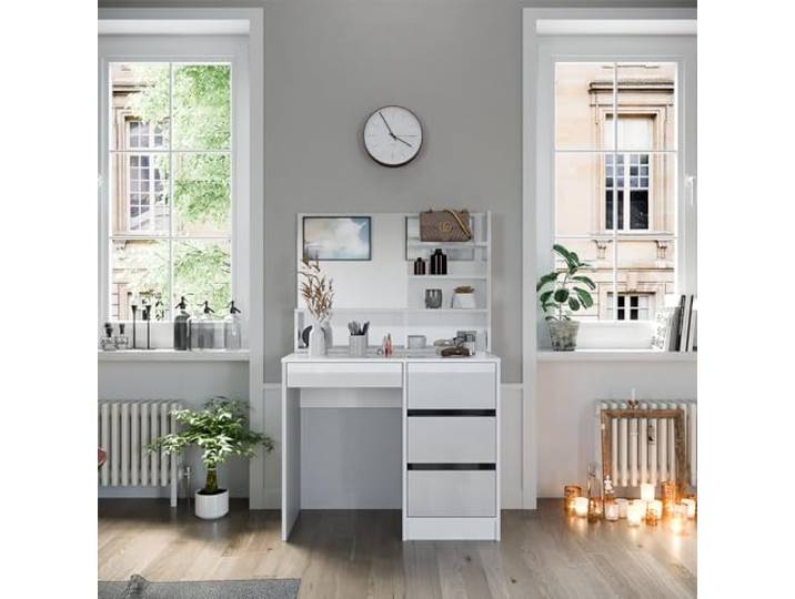 Vicco Schminktisch Sherry, Weiß 90 cm Spiegelregal · 4 Schubladen · Freistehend · Grifflose Optik · kompakte Form