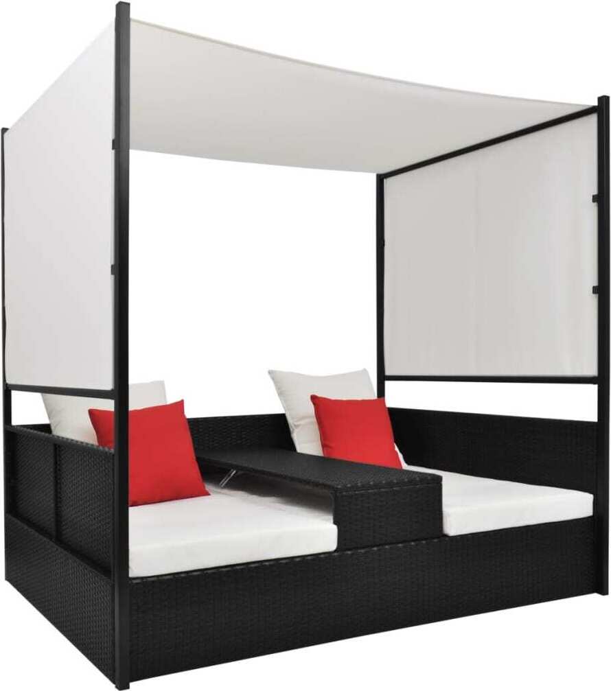 Gartenbett mit Baldachin Schwarz 190×130 cm Poly Rattan